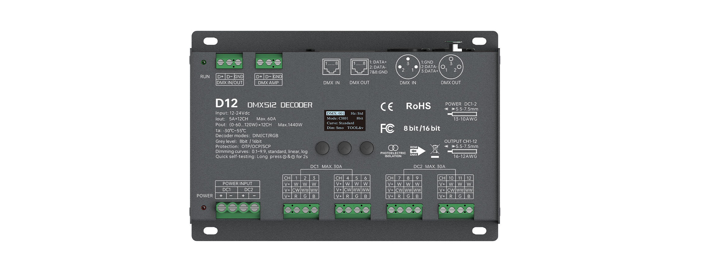12-24VDC 12CHx5A CV DMX512/RDM Decoder D12