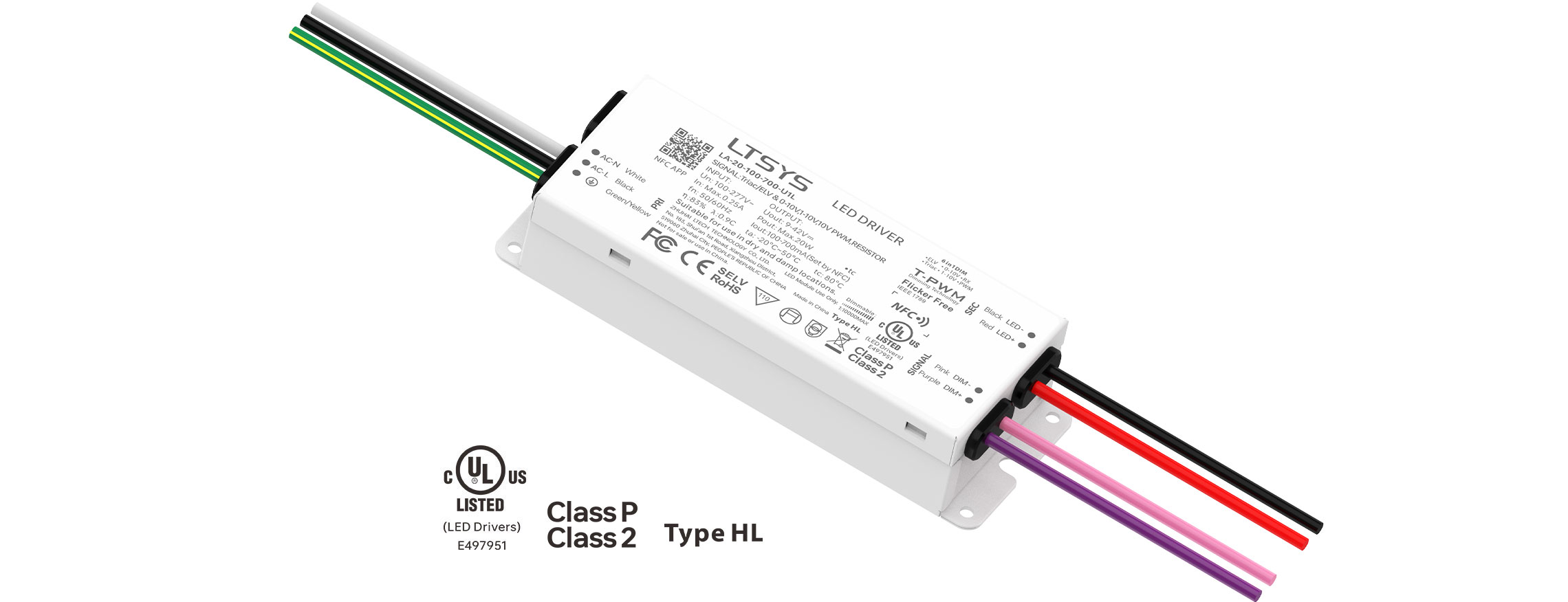 20W 100-700mA UL Certification NFC CC Triac/0-10V LED Driver LA-20-100-700-U1L