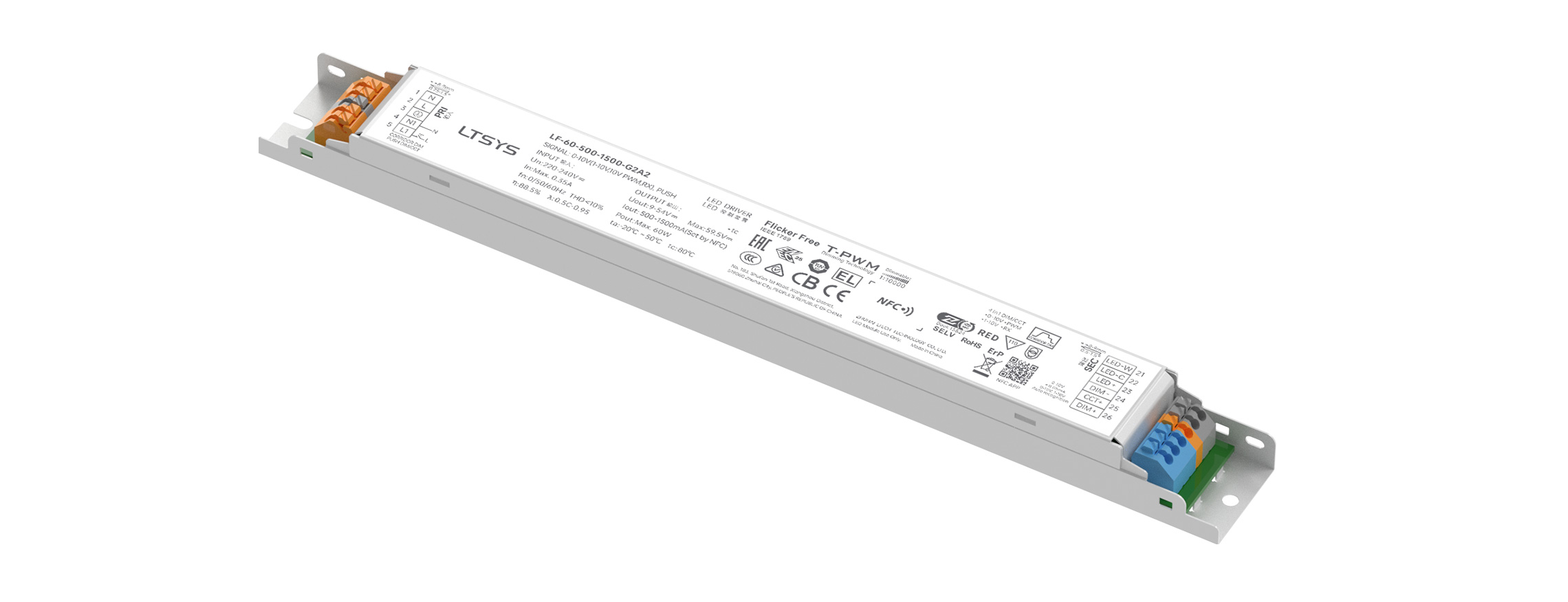 60W 500-1500mA NFC 0/1-10V CC Linear tunable white Driver LF-60-500-1500-G2A2 (Built-in)