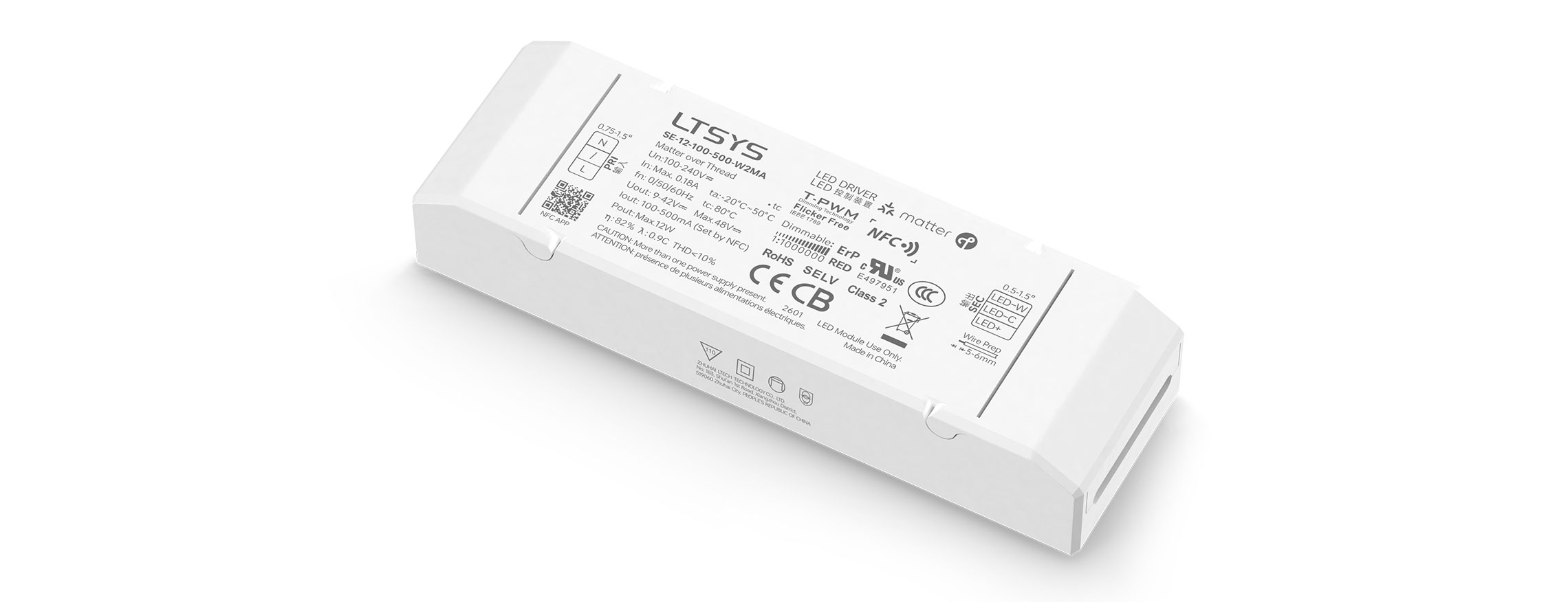 12W 100-500mA NFC CC Matter Tunable White LED Driver SE-12-100-500-W2MA