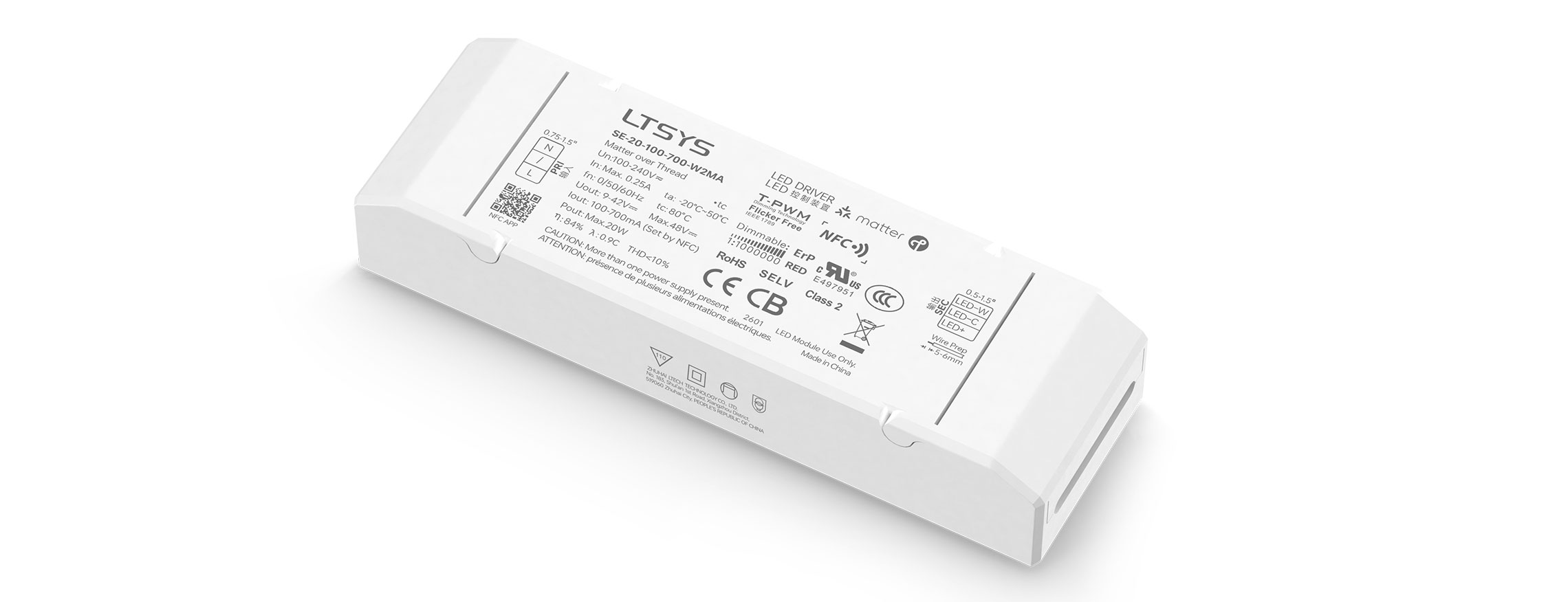 20W 100-700mA NFC CC Matter Tunable White LED Driver SE-20-100-700-W2MA